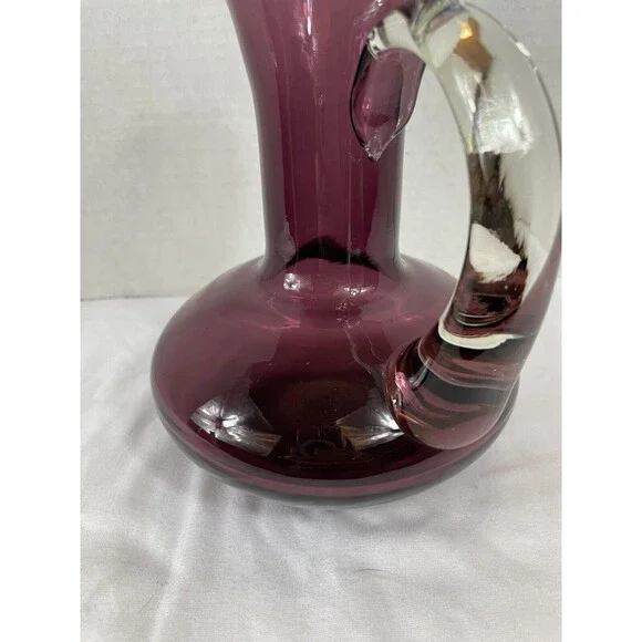 Vase Pitcher Amethyst Hand Blown Glass Pontil Purple Clear Handle 7.5" Tall MCM - Picture 13 of 16